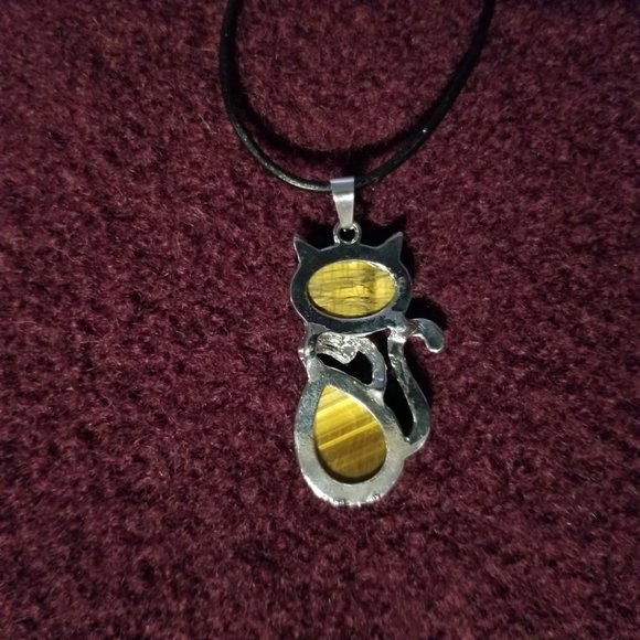 NWOT, tiger eye gemstone pendant, silver plate on black cord, artisan, unisex - Picture 2 of 4